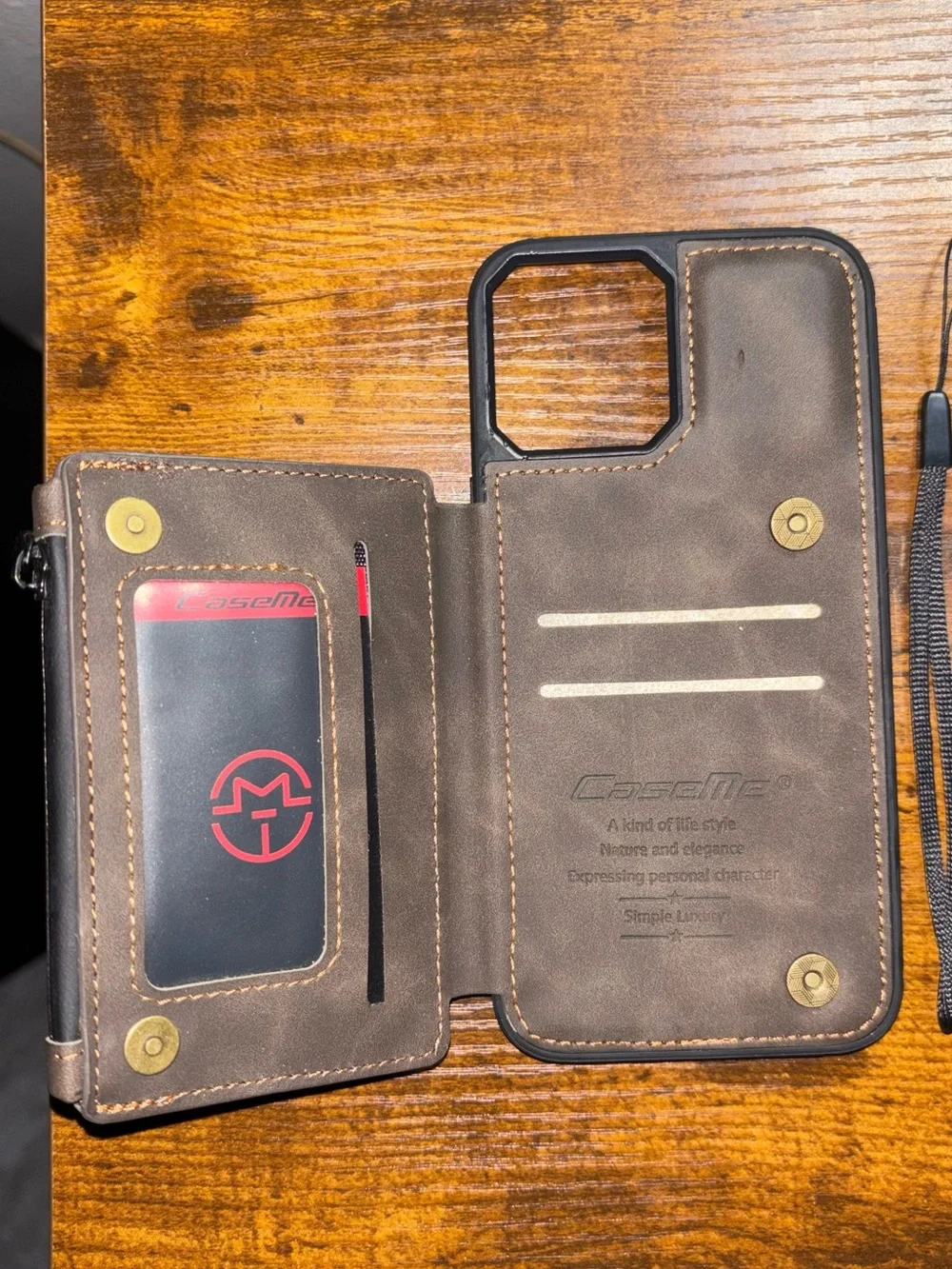 12 Pro Max Leather Wallet Phone Case with Wrist Strap - Brown